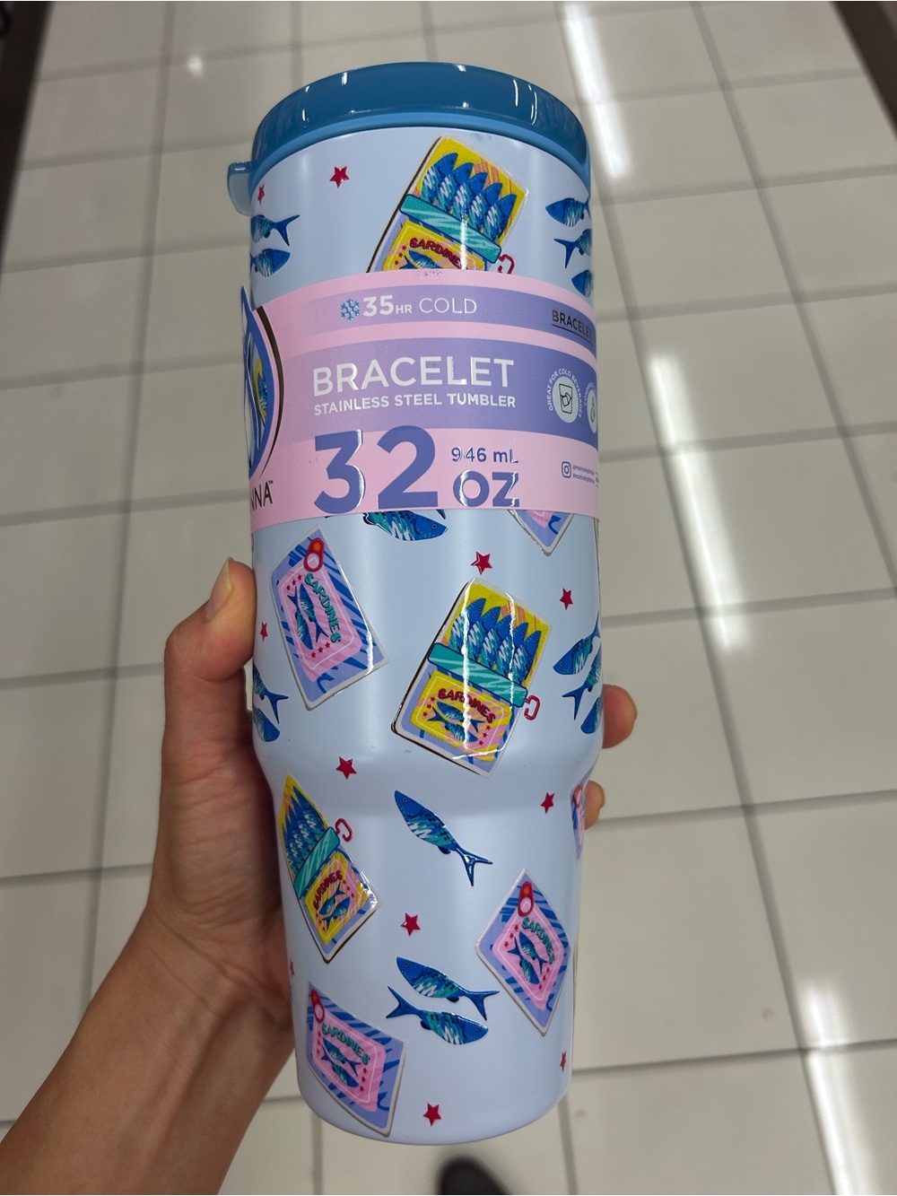 Bracelet stainless  Blue Fish & Sardine Can Print Travel Tumbler 32 oz